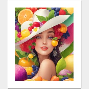 А woman with a white hat and some colorful fruity Posters and Art